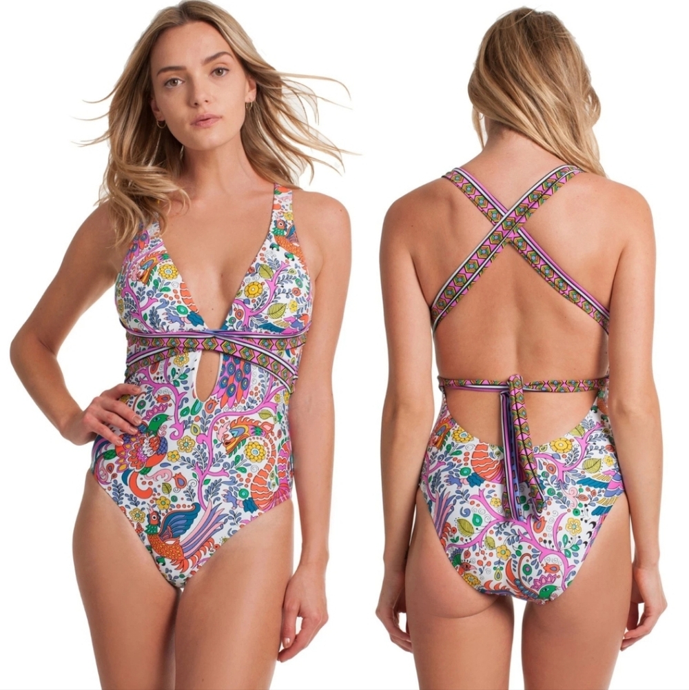 Trina Turk Jungle Beach Print Cross Back One Piece Halter Swimsuit Sz8 NEW